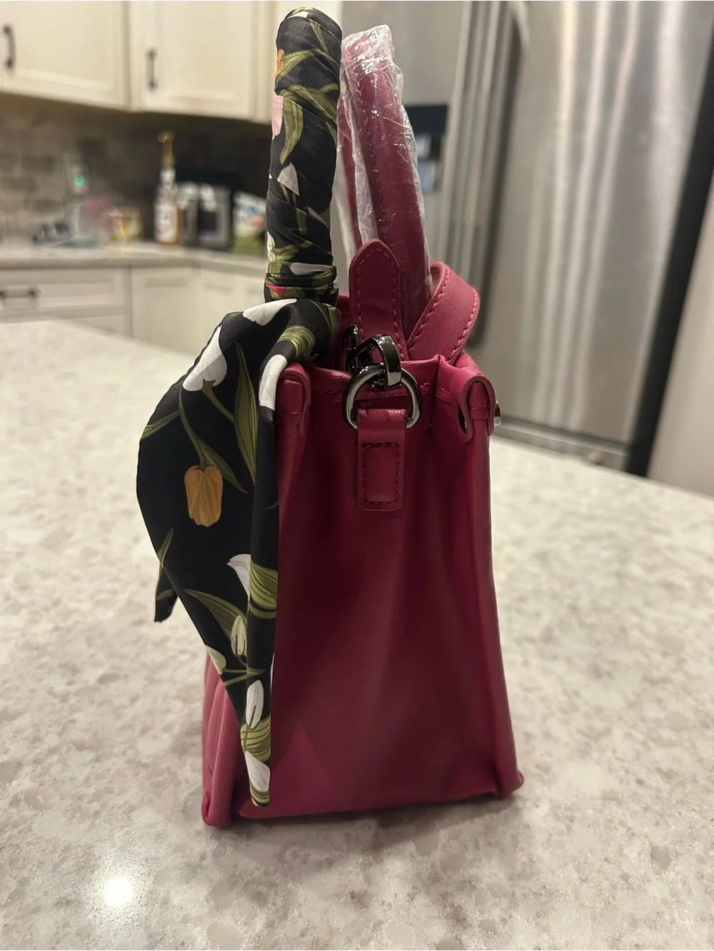 “New” Steve Madden Stylish Quilted Top-Handle Bag in Fuchsia with Scarf Accent